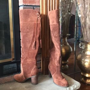 Suede over knee boots lace tassels in back.